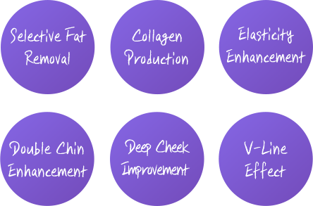Selective Fat Removal, Collagen Production, Elasticity Enhancement, Double Chin Enhancement, Deep Cheek Improvement, V-Line Effect