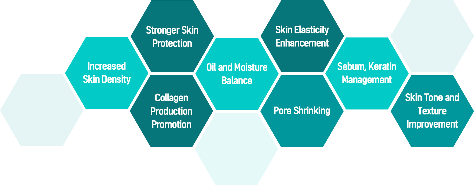 Increased Skin Density, Stronger Skin Protection, Collagen Production Promotion, Oil and Moisture Balance, Skin Elasticity Enhancement, Pore Shrinking, Sebum, Keratin Management, Skin Tone and Texture Improvement